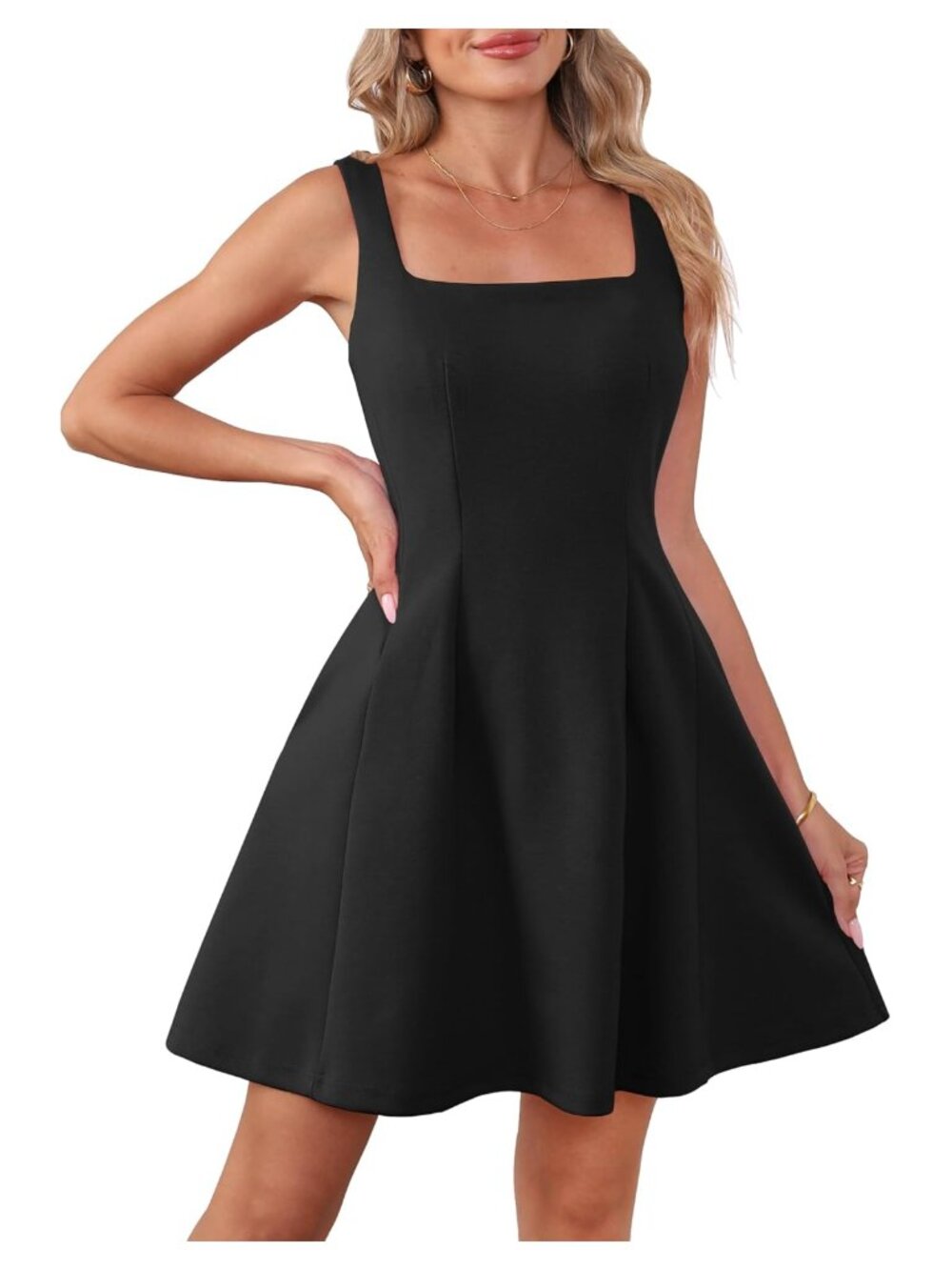 Womens Sleeveless Square Neck Mini Dress Cotton Blend A-Line Swing